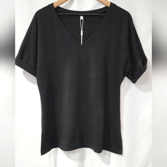 Sampeel Womens V-Neck T-Shirt NWT Size Large Black Cuffed Sleeve Classic Staple - Picture 1 of 4